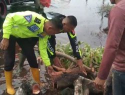 Peduli Jalan Rusak, Personil Polres Pelalawan Bersama Masyarakat Timbun Jalan Berlubang Akibat Banjir